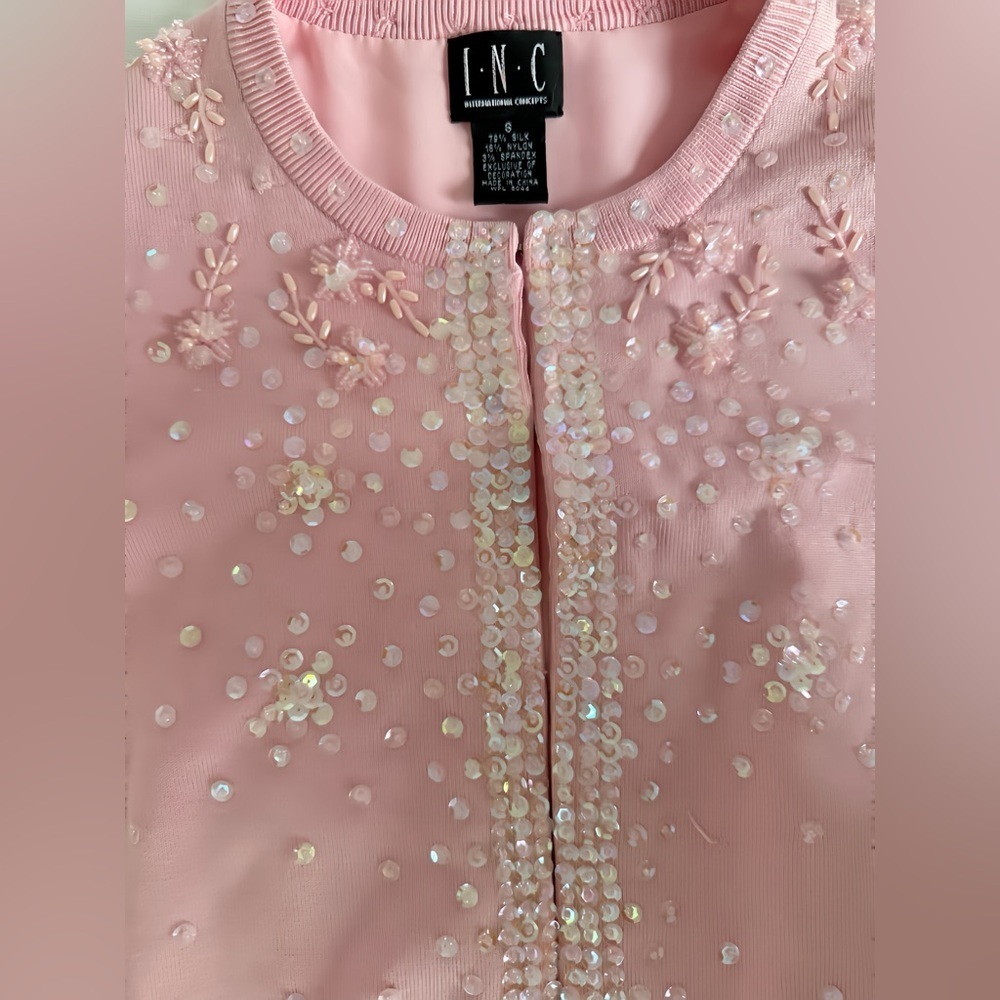 INC International Concepts Silk Blend Pink Sequin Beaded Cardigan Women’s Size S - Picture 9 of 13